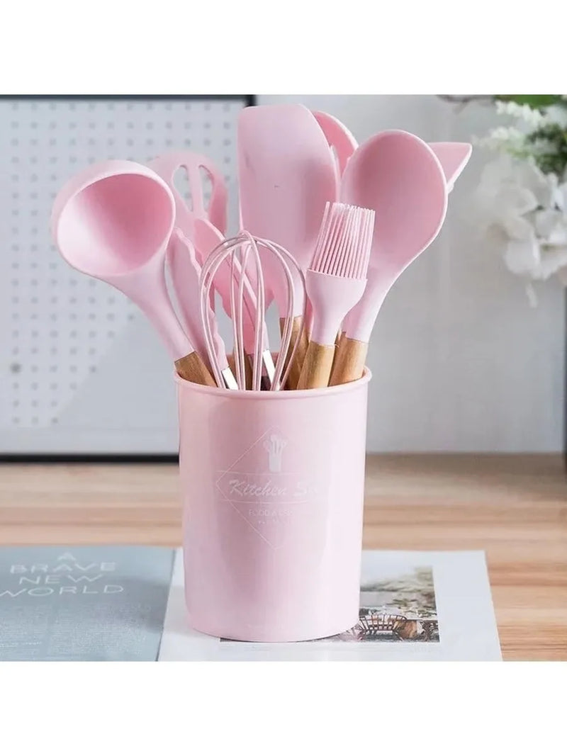 Jogo 12 Utensílios de Cozinha em Silicone com Cabo de Madeira