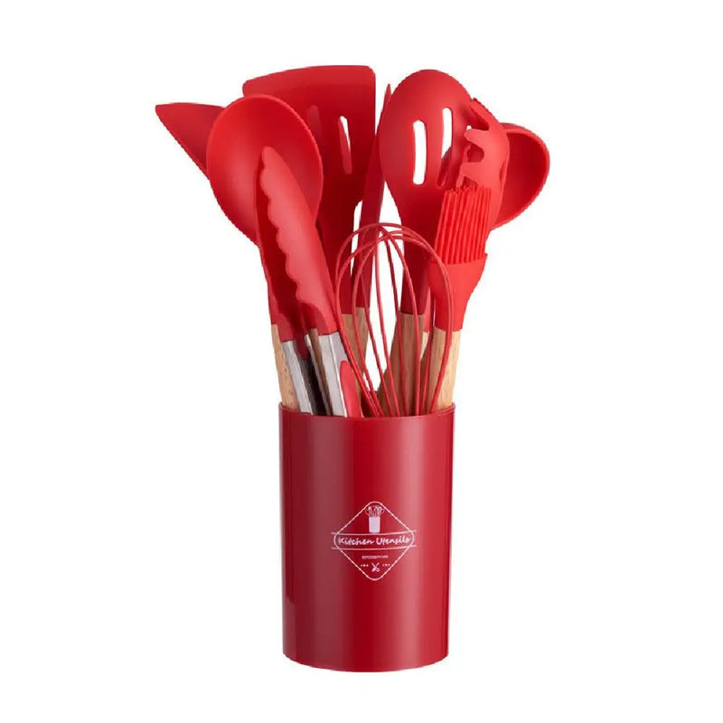 Jogo 12 Utensílios de Cozinha em Silicone com Cabo de Madeira