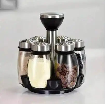 Porta Temperos Giratório 360° INOX - 6 Potes de Vidro