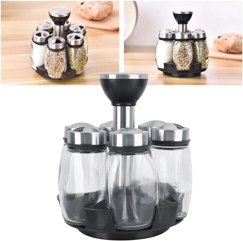 Porta Temperos Giratório 360° INOX - 6 Potes de Vidro