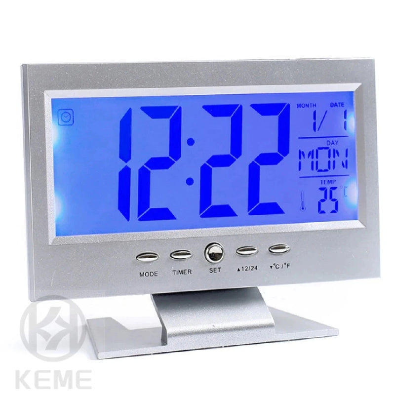 Relógio Despertador Digital com Display LCD LED, Termômetro e Acionamento por Som