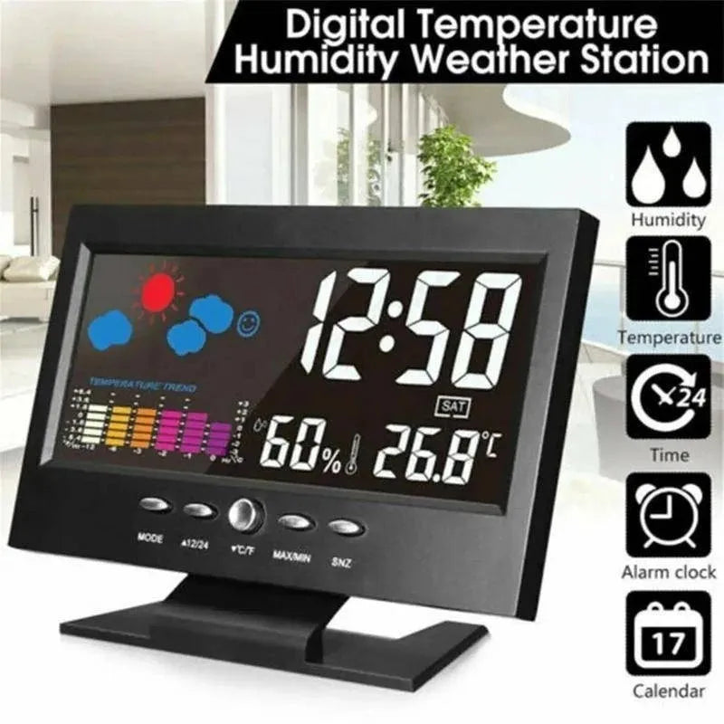 Despertador Digital LCD 5 em 1 com Estação Meteorológica, Termômetro e Controle por Som
