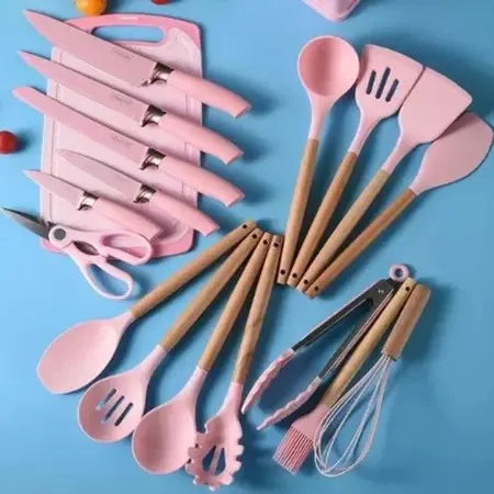 Kit Utensílios de Cozinha Com Tábua em Silicone -Luxo Alta Qualidade - 19 pçs