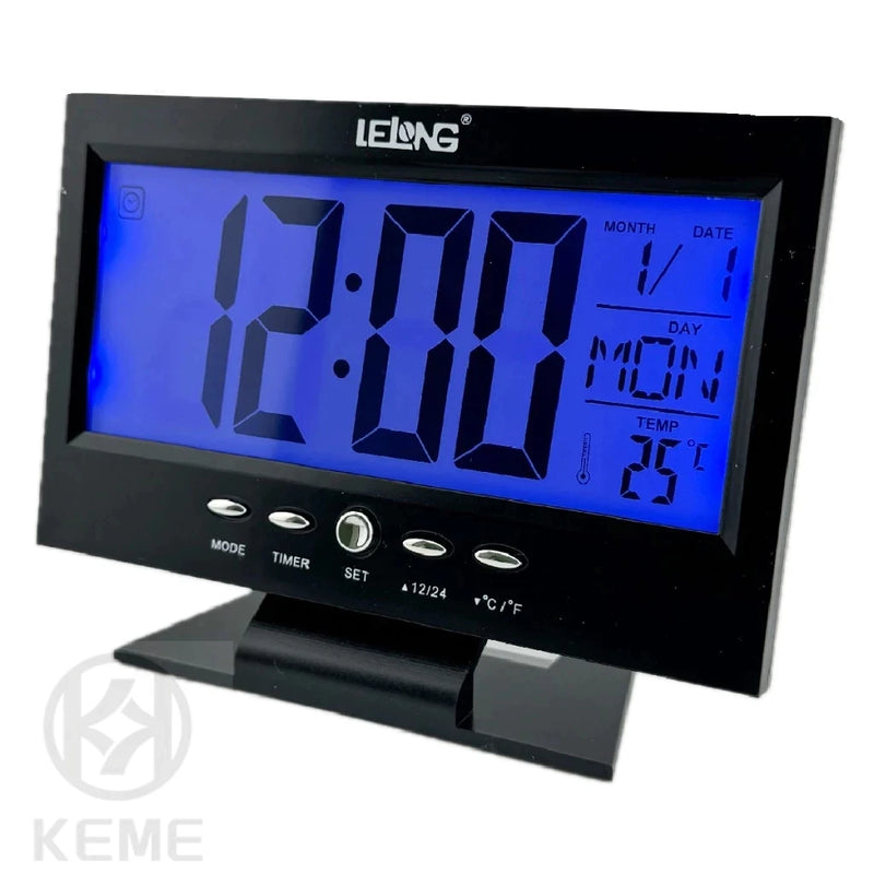Relógio Despertador Digital com Display LCD LED, Termômetro e Acionamento por Som