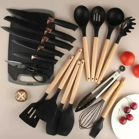 Kit Utensílios de Cozinha Com Tábua em Silicone -Luxo Alta Qualidade - 19 pçs