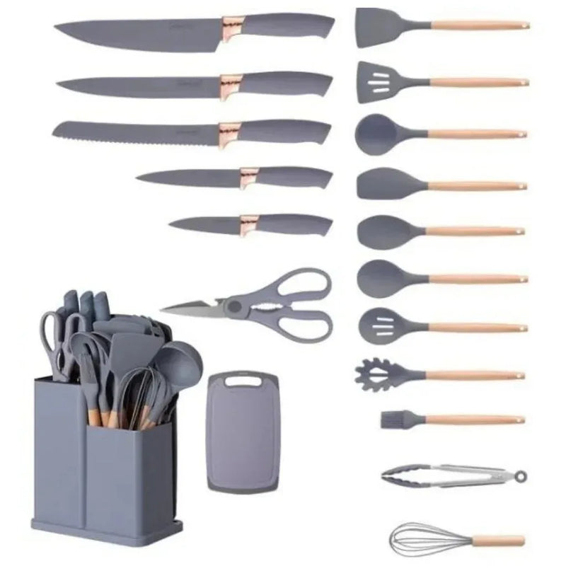 Kit Utensílios de Cozinha Com Tábua em Silicone -Luxo Alta Qualidade - 19 pçs