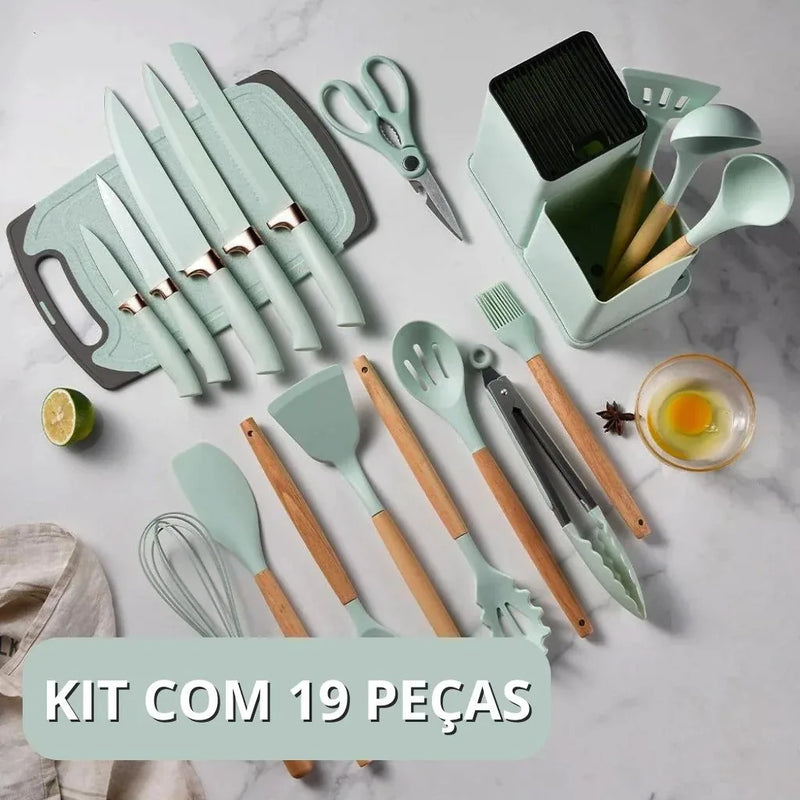 Kit Utensílios de Cozinha Com Tábua em Silicone -Luxo Alta Qualidade - 19 pçs