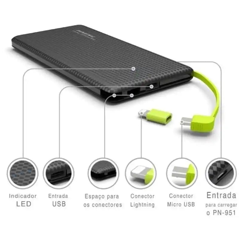 Carregador Portátil 10000mAh Universal Pinneng com Cabos Embutidos