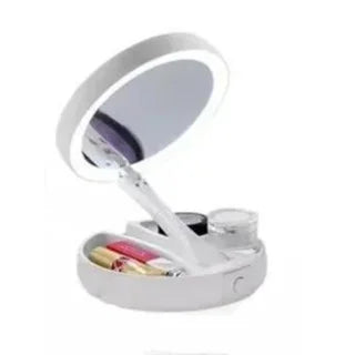 Espelho de Maquiagem Dupla Face com LED e Aumento 10x + Organizador