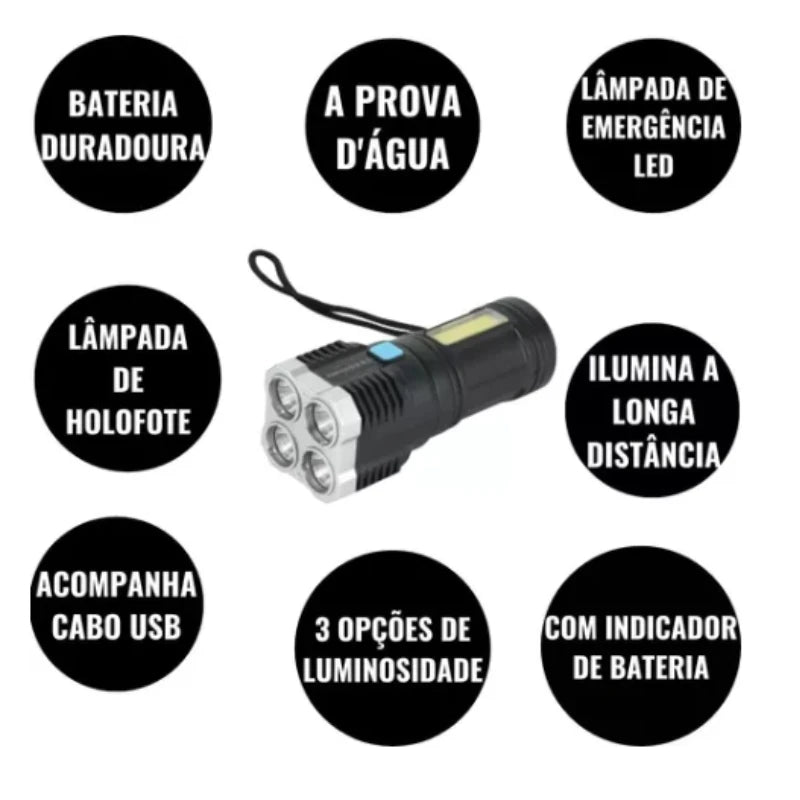 Lanterna LED Potente Ultra Brilhante  - Longo Alcance - Recarregável USB