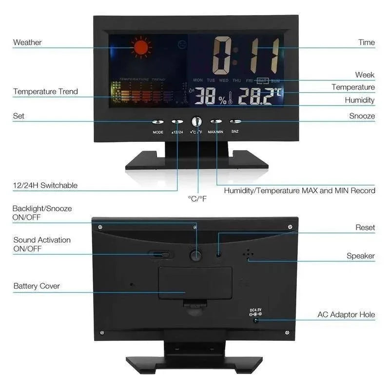 Despertador Digital LCD 5 em 1 com Estação Meteorológica, Termômetro e Controle por Som