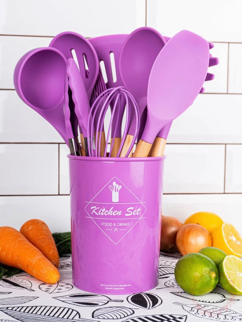 Jogo 12 Utensílios de Cozinha em Silicone com Cabo de Madeira