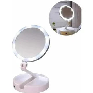 Espelho de Maquiagem Dupla Face com LED e Aumento 10x + Organizador
