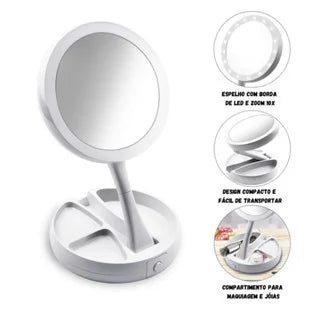 Espelho de Maquiagem Dupla Face com LED e Aumento 10x + Organizador