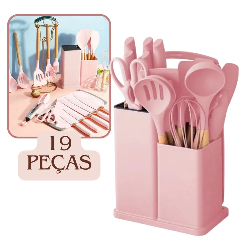 Kit Utensílios de Cozinha Com Tábua em Silicone -Luxo Alta Qualidade - 19 pçs