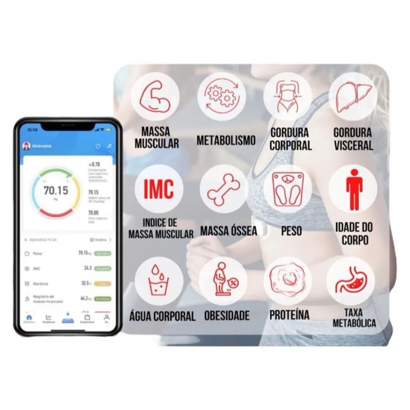 Balança de Bioimpedância Corporal -Bluetooth de até 180 kg com Resultado em Celular