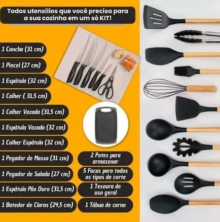 Kit Utensílios de Cozinha Com Tábua em Silicone -Luxo Alta Qualidade - 19 pçs