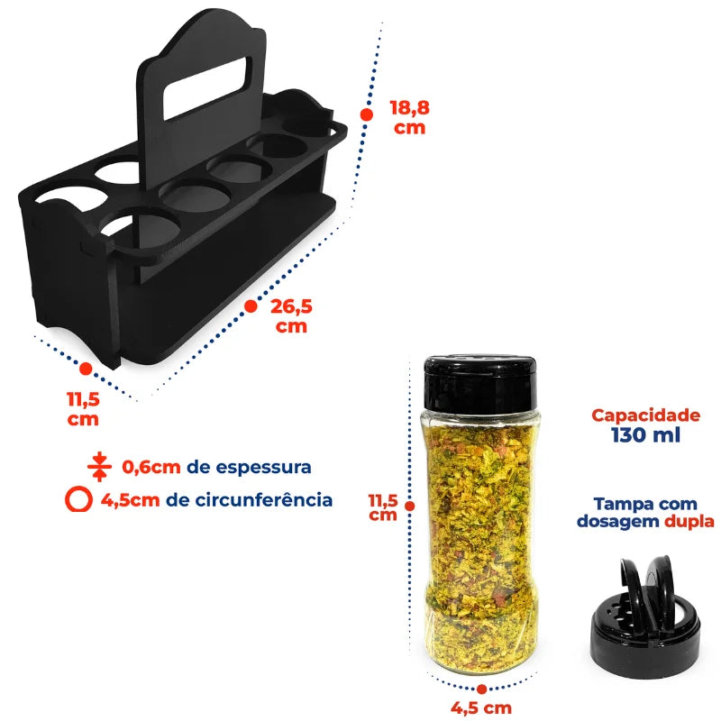 Porta Temperos em MDF com Alça 130ml - Tampa Dosadora - 10 Potes