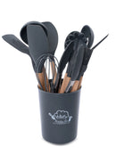 Jogo 12 Utensílios de Cozinha em Silicone com Cabo de Madeira