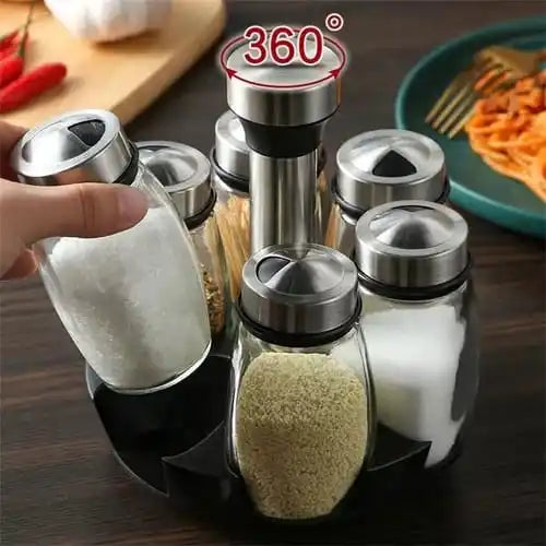 Porta Temperos Giratório 360° INOX - 6 Potes de Vidro