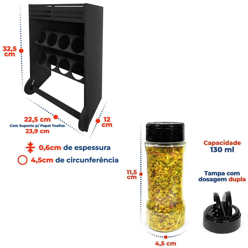 Porta Temperos com Suporte MDF  - Tampa Dosadora Dupla 130ml - 8un