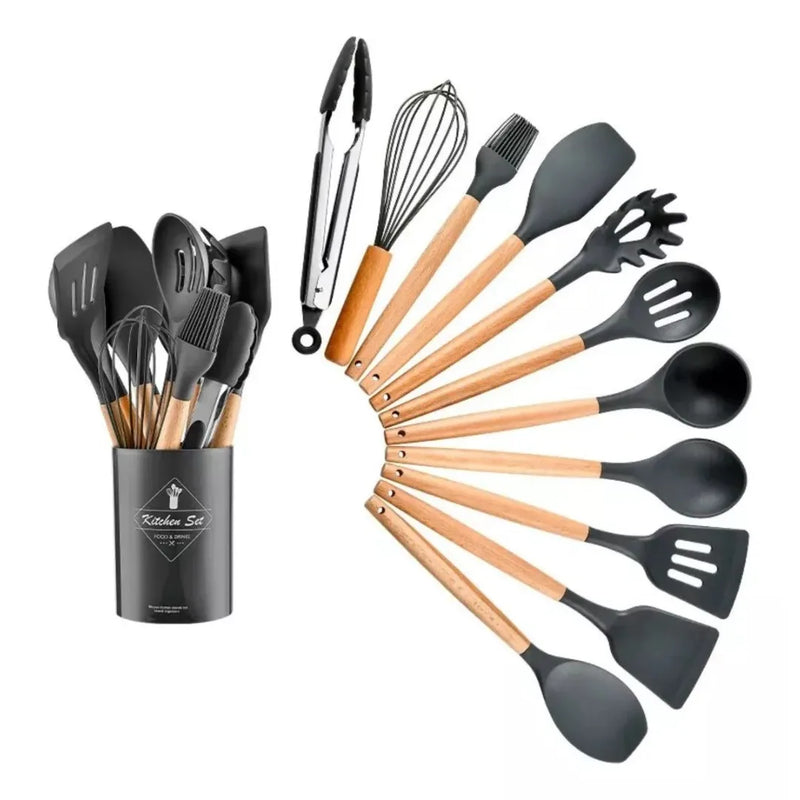 Jogo 12 Utensílios de Cozinha em Silicone com Cabo de Madeira