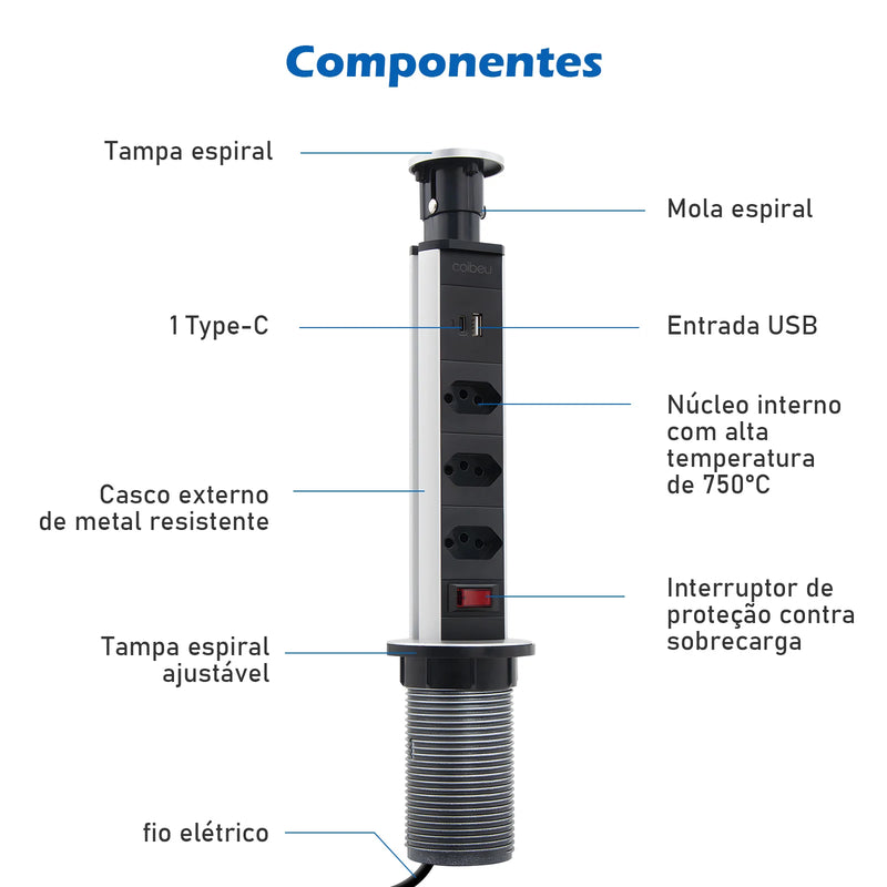 Adaptador de Tomada em  Torre, USB Plugue Tomada e USB.
