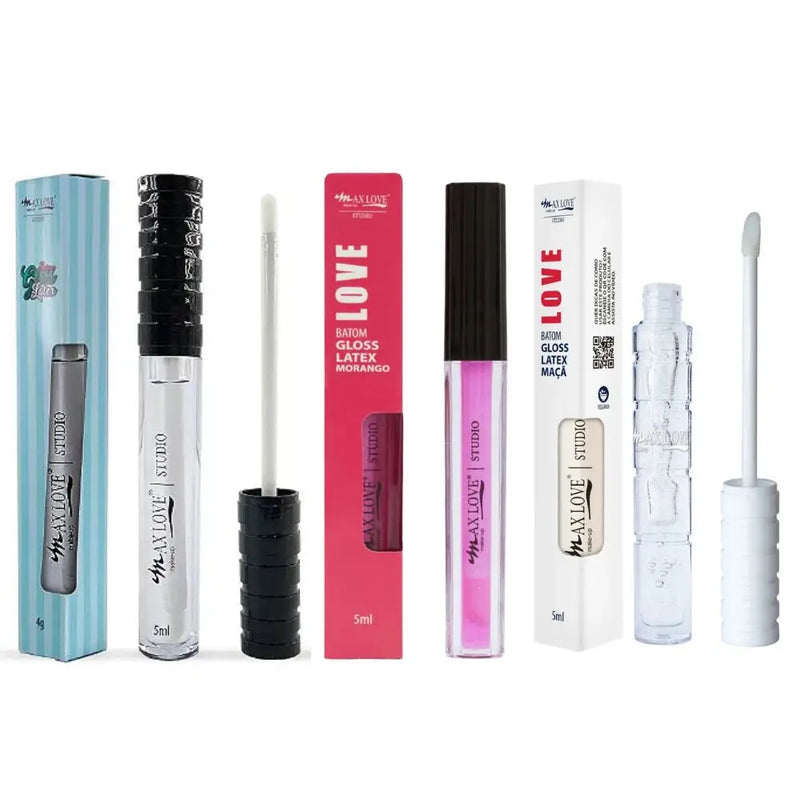Kit 3 Gloss Labial Latex Max Love Cores Mais Vendidas Colorless, Morango e Maçã