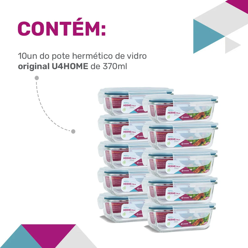 Potes Retangulares de Vidro com Tampa Hermética 370ml - 10 un