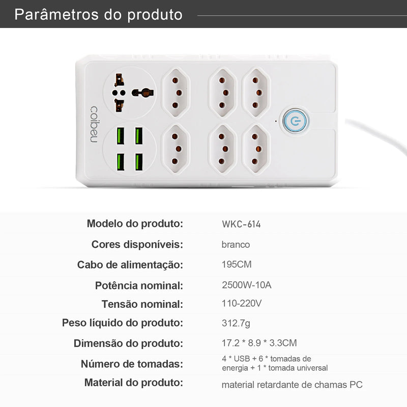 Tomada de Extensão USB - Interruptor mestre liga/desliga