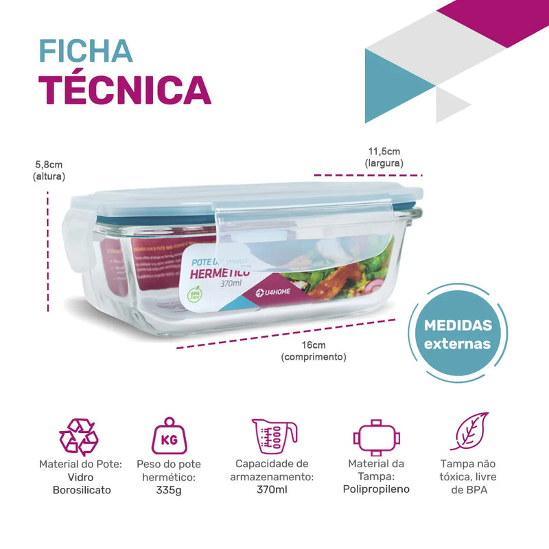 Potes Retangulares de Vidro com Tampa Hermética 370ml - 10 un