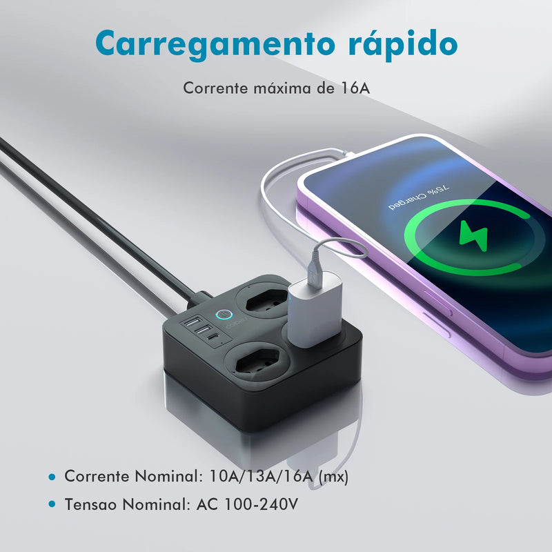 Tomada de Extensão USB - Interruptor mestre liga/desliga