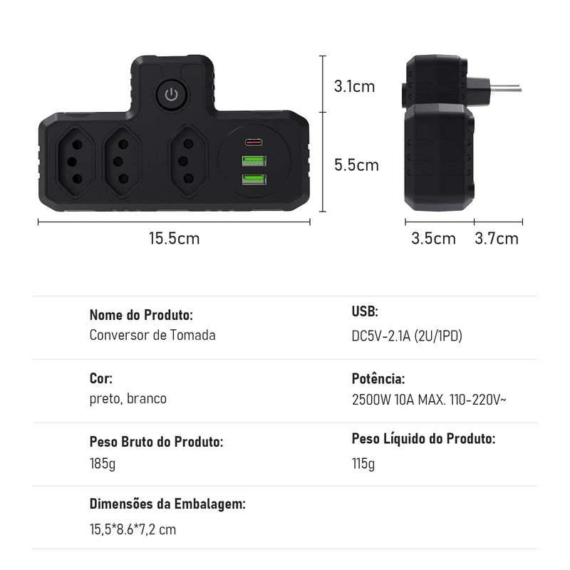 Tomada de Extensão USB - Interruptor mestre liga/desliga