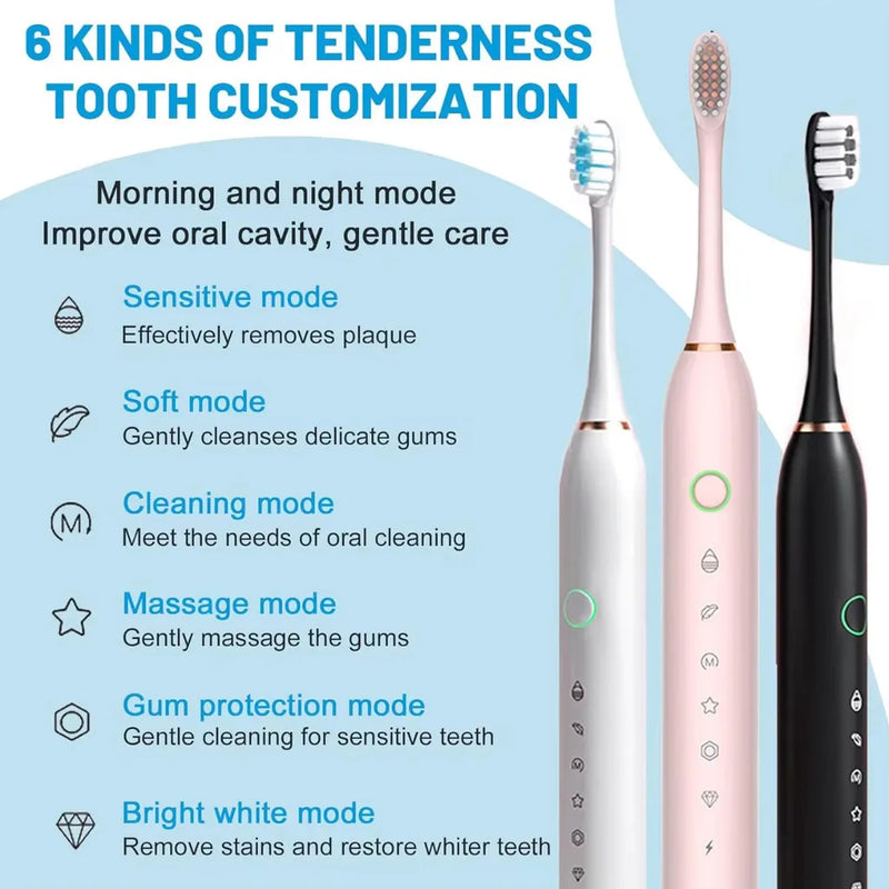 Escova de Dentes Elétrica Ultrassônica Recarregável com 4 Cabeças Substituíveis