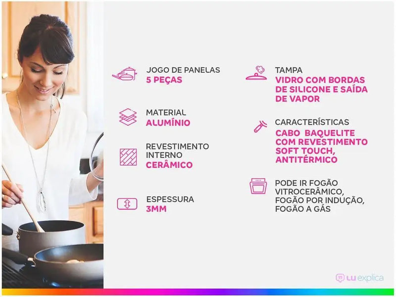 Jogo de Panelas Brinox Ceramic Life Carbon - 5 Peças - Antiaderente Preto