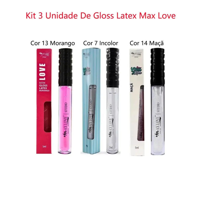 Kit 3 Gloss Labial Latex Max Love Cores Mais Vendidas Colorless, Morango e Maçã